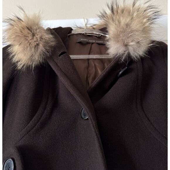 MARC NEW YORK BROWN WOOL COAT WITH FUR HOOD SIZE 2P - Picture 3 of 14